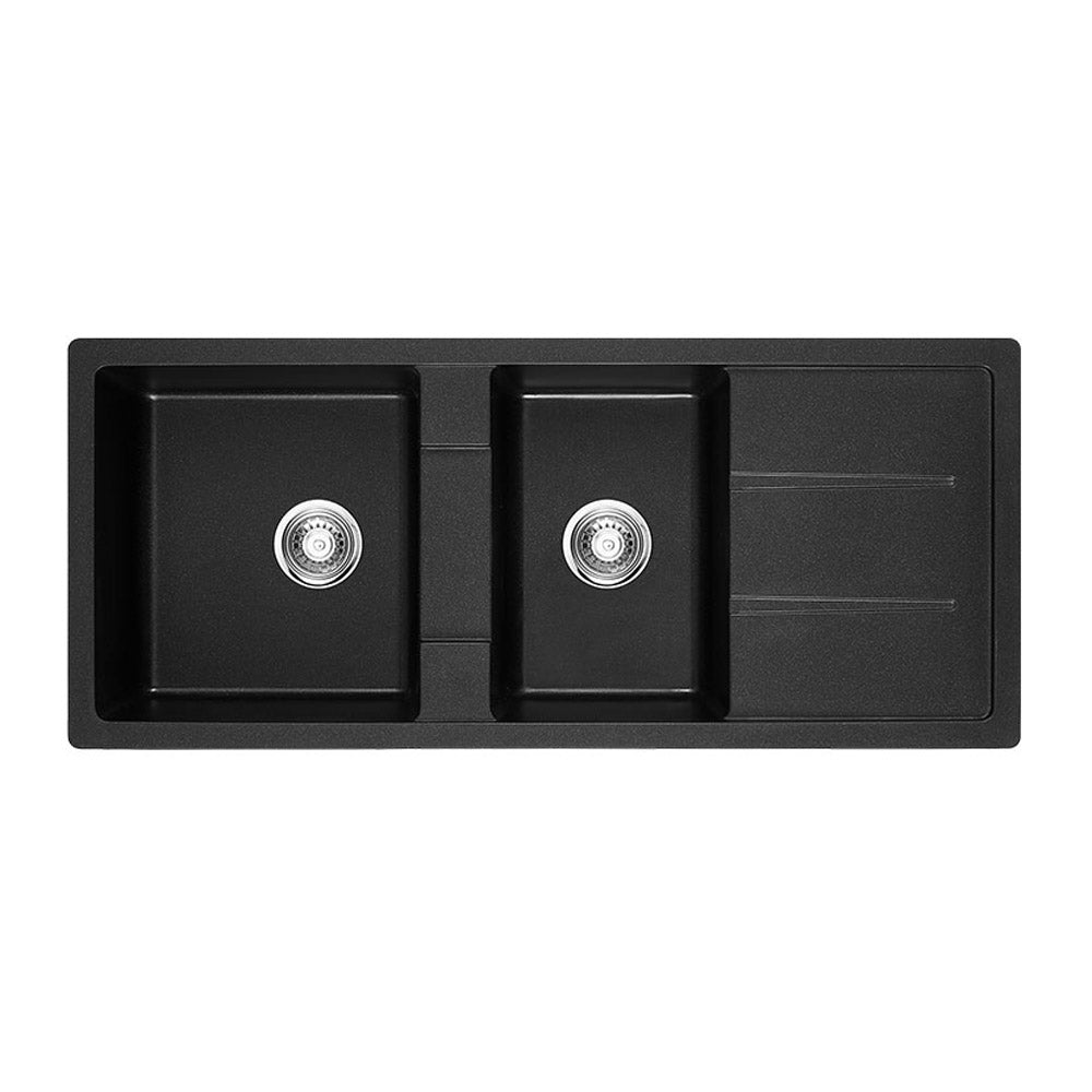 Tisira 116cm 2 Bowl Black Granite Kitchen Sink & Reversible Drainer (TSG1160BK)