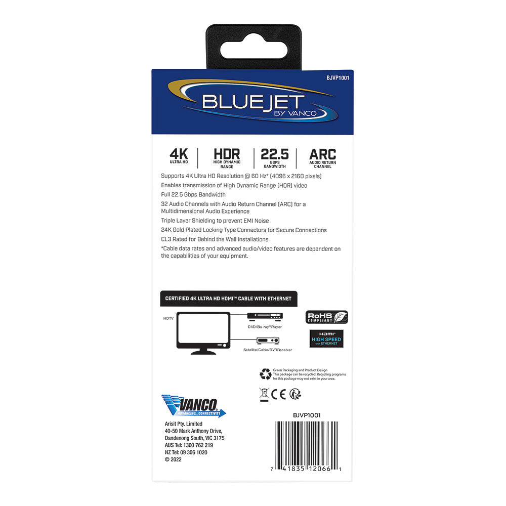 Bluejet 4K Ultra HD 22.5GBPS HDMI Cable - 3 Ft Length (BJVP1001)
