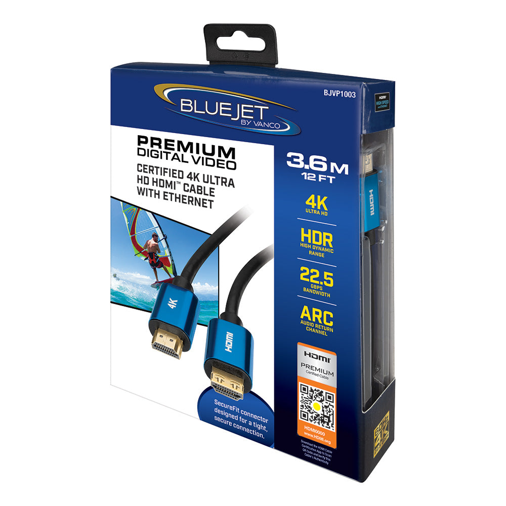 Bluejet 4K Ultra HD 22.5GBPS HDMI Cable - 12 Ft Length (BJVP1003)