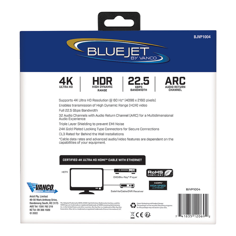 Bluejet 4K Ultra HD 22.5GBPS HDMI Cable - 25 Ft Length (BJVP1004)