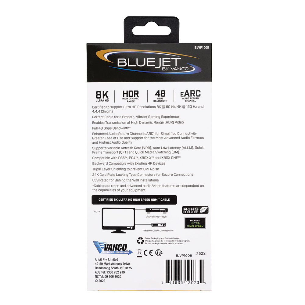 Bluejet 8k Ultra HD 48GBPS HDMI Cable - 6 Ft Length (BJVP1008)