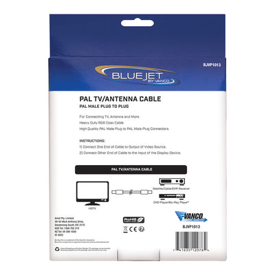 Bluejet RG6 PAL TV Antenna Cable - 10m Length (BJVP1013)