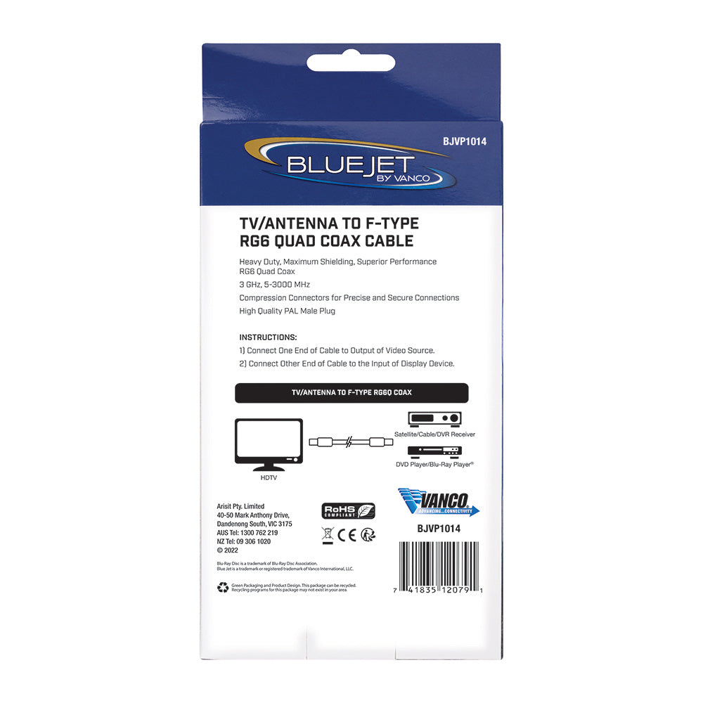 Bluejet TV Antenna to F-Type RG6 Quad Coax Cable - 3 Ft Length (BJVP1014)