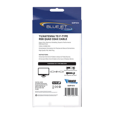 Bluejet TV Antenna to F-Type RG6 Quad Coax Cable - 3 Ft Length (BJVP1014)