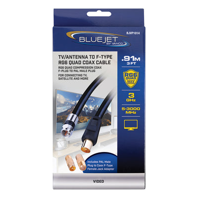 Bluejet TV Antenna to F-Type RG6 Quad Coax Cable - 3 Ft Length (BJVP1014)