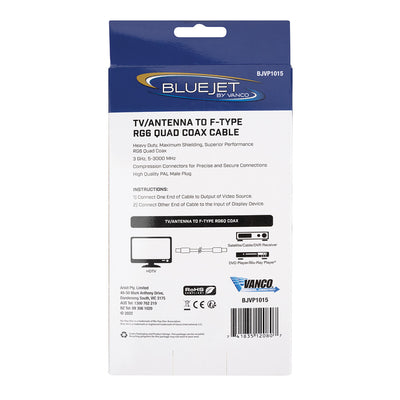 Bluejet TV Antenna to F-Type RG6 Quad Coax Cable - 6 Ft Length (BJVP1015)