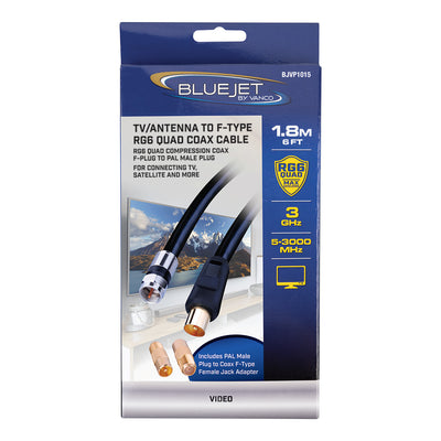 Bluejet TV Antenna to F-Type RG6 Quad Coax Cable - 6 Ft Length (BJVP1015)