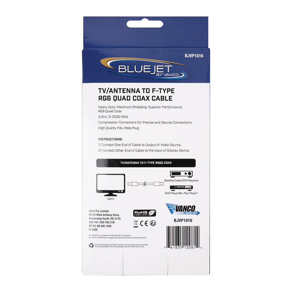 Bluejet TV Antenna to F-Type RG6 Quad Coax Cable - 12 Ft Length (BJVP1016)