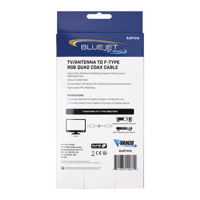 Bluejet TV Antenna to F-Type RG6 Quad Coax Cable - 12 Ft Length (BJVP1016)