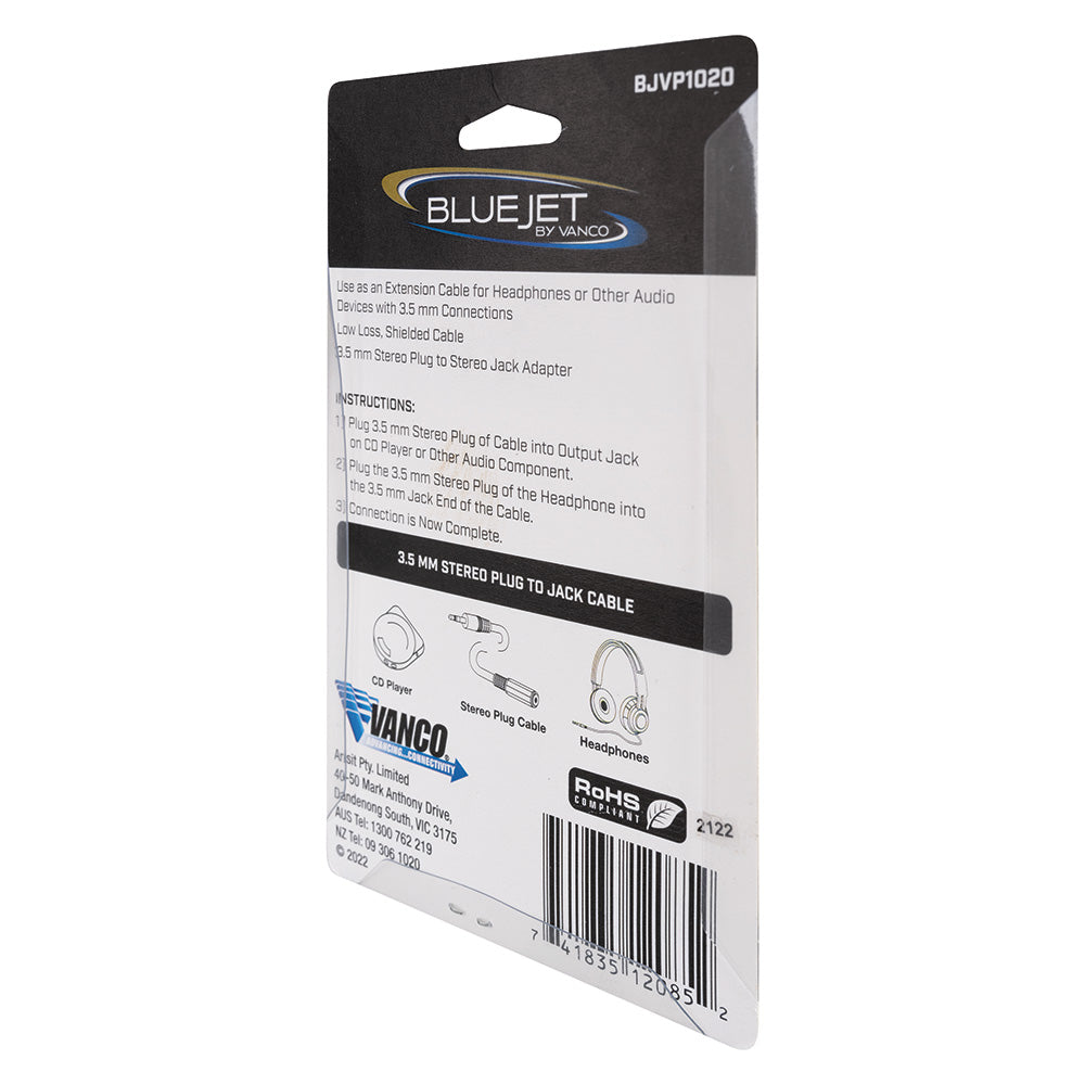 Bluejet 3.5mm AUX Stereo Plug to Jack Extension Cable - 1.5m Length (BJVP1020)
