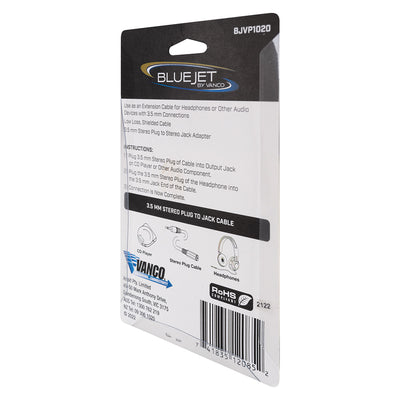 Bluejet 3.5mm AUX Stereo Plug to Jack Extension Cable - 1.5m Length (BJVP1020)