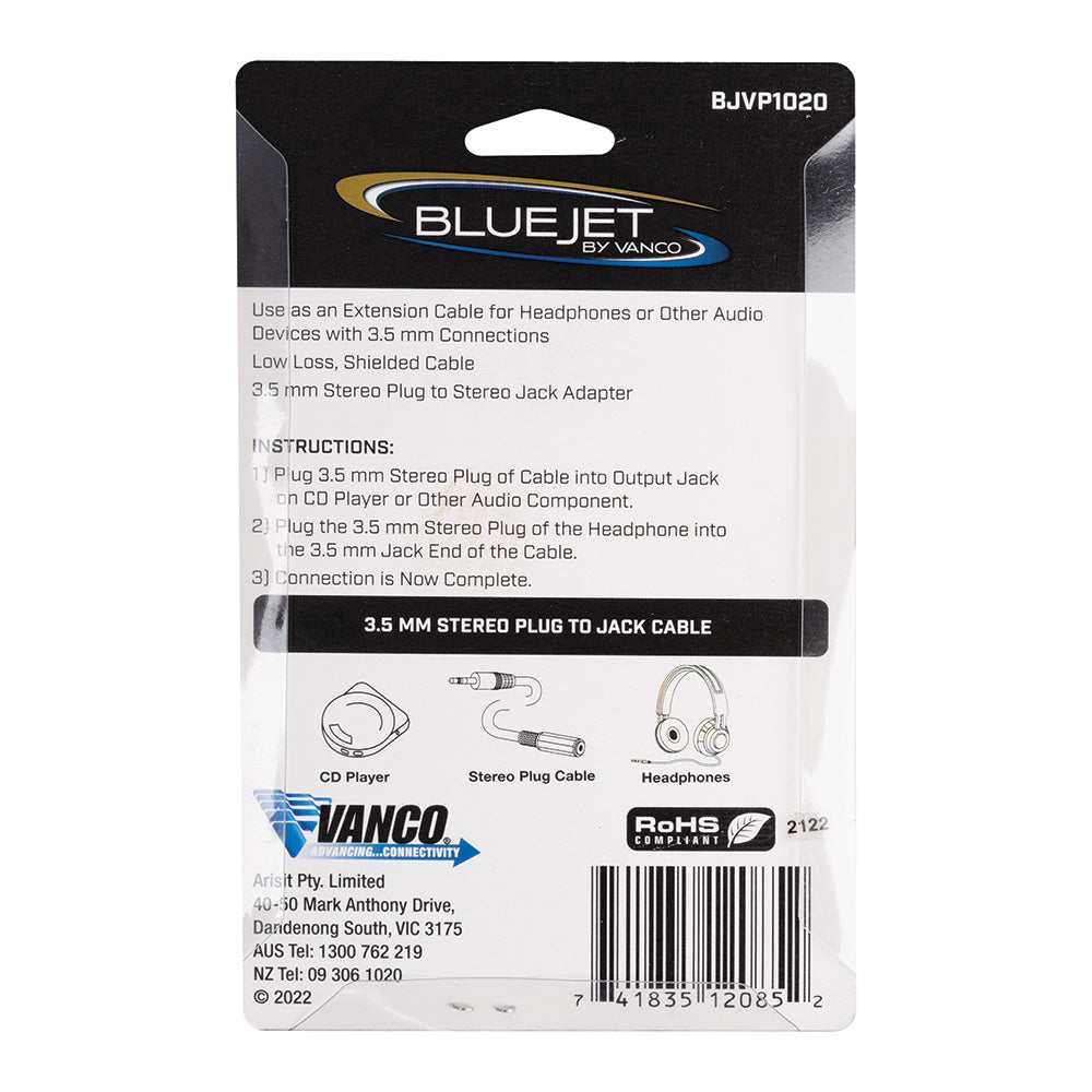 Bluejet 3.5mm AUX Stereo Plug to Jack Extension Cable - 1.5m Length (BJVP1020)