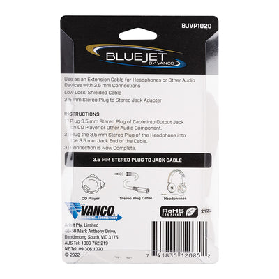 Bluejet 3.5mm AUX Stereo Plug to Jack Extension Cable - 1.5m Length (BJVP1020)