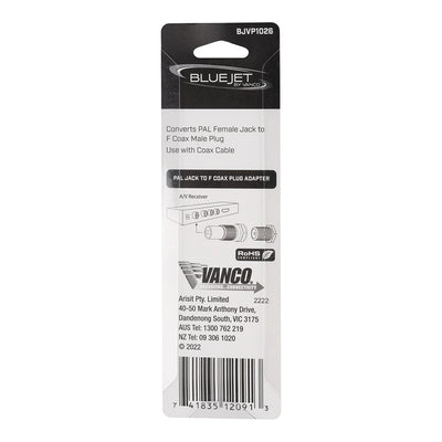 Bluejet PAL Female Jack to Coax F-Type Plug Adapter (BJVP1026)