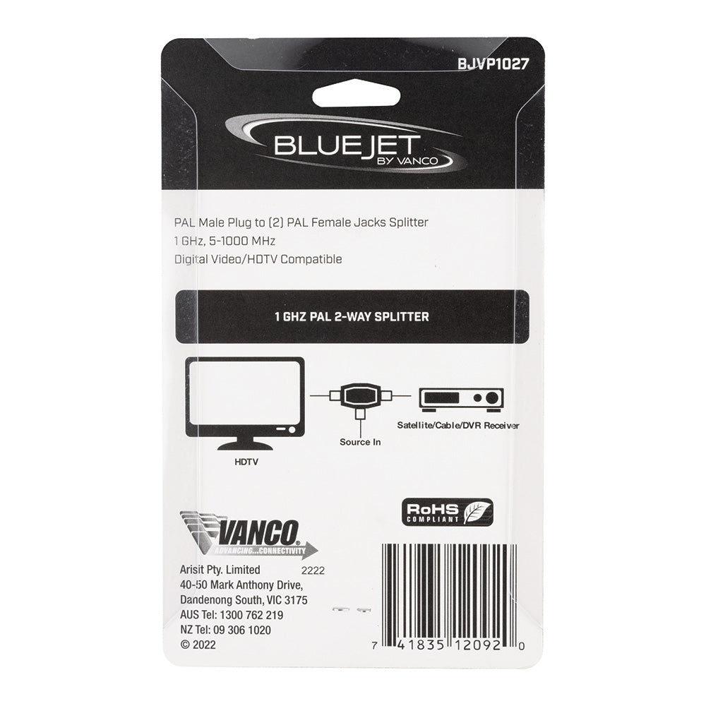 Bluejet 1GHZ PAL 2-Way Splitter (BJVP1027)