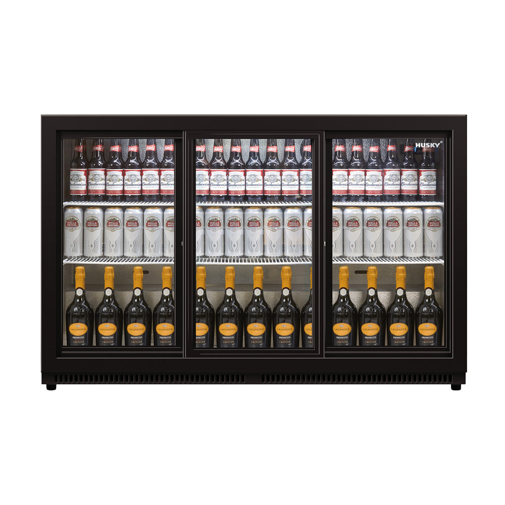 Husky 307L Triple Sliding Glass Door Outdoor Drinks Chiller/Bar Fridge In Black (HUS-C3-BLK-SD)