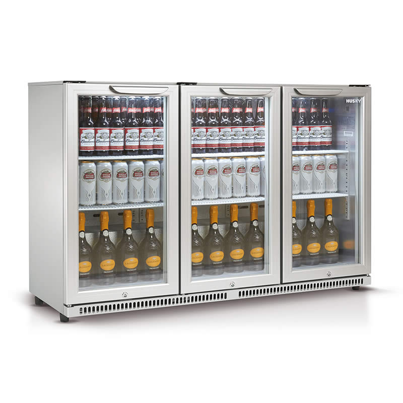 Husky 307L Triple Glass Door Bar Fridge/Drinks Chiller In Silver (HUS-C3-840)