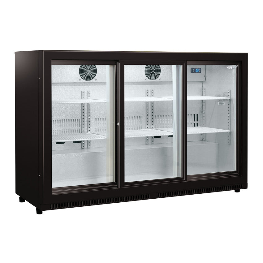 Husky 307L Triple Sliding Glass Door Outdoor Drinks Chiller/Bar Fridge In Black (HUS-C3-BLK-SD)