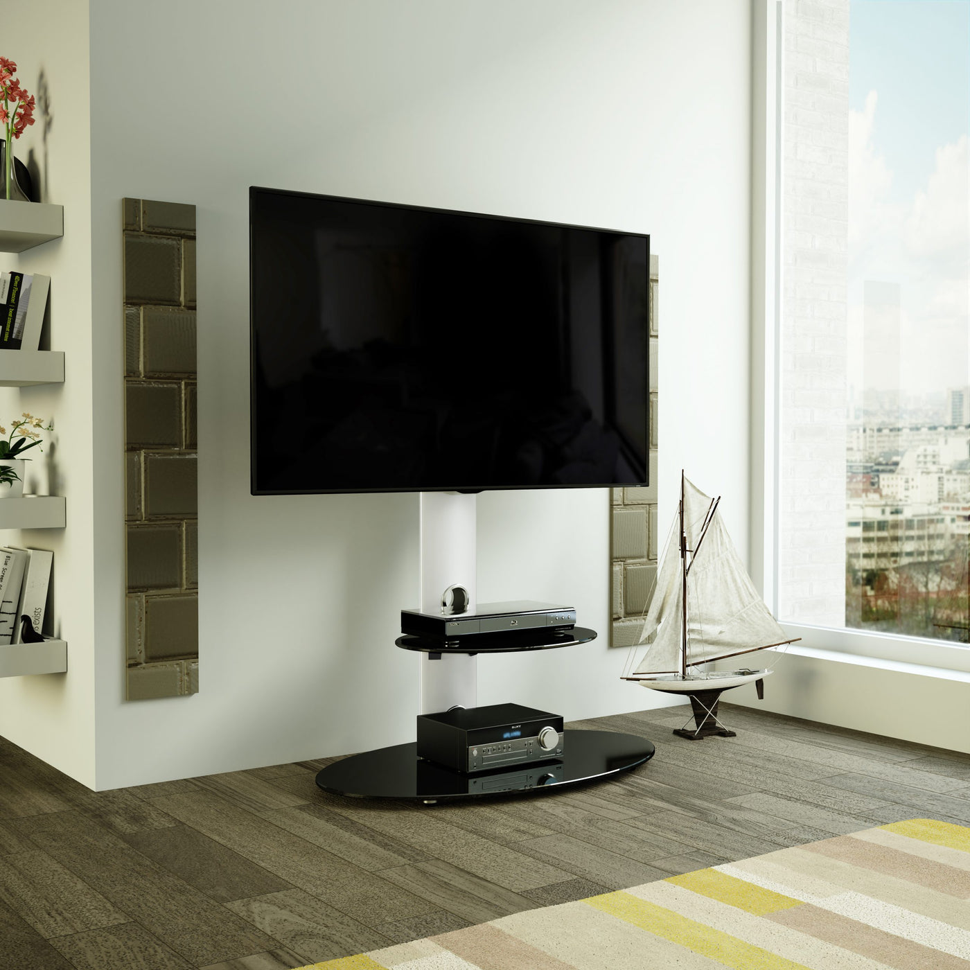 Mahara Glass TV Stand with TV Mount & Oval Shelf - TV Floor Stand for 32–65"