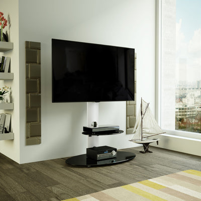 Mahara Glass TV Stand with TV Mount & Oval Shelf - TV Floor Stand for 32–65"