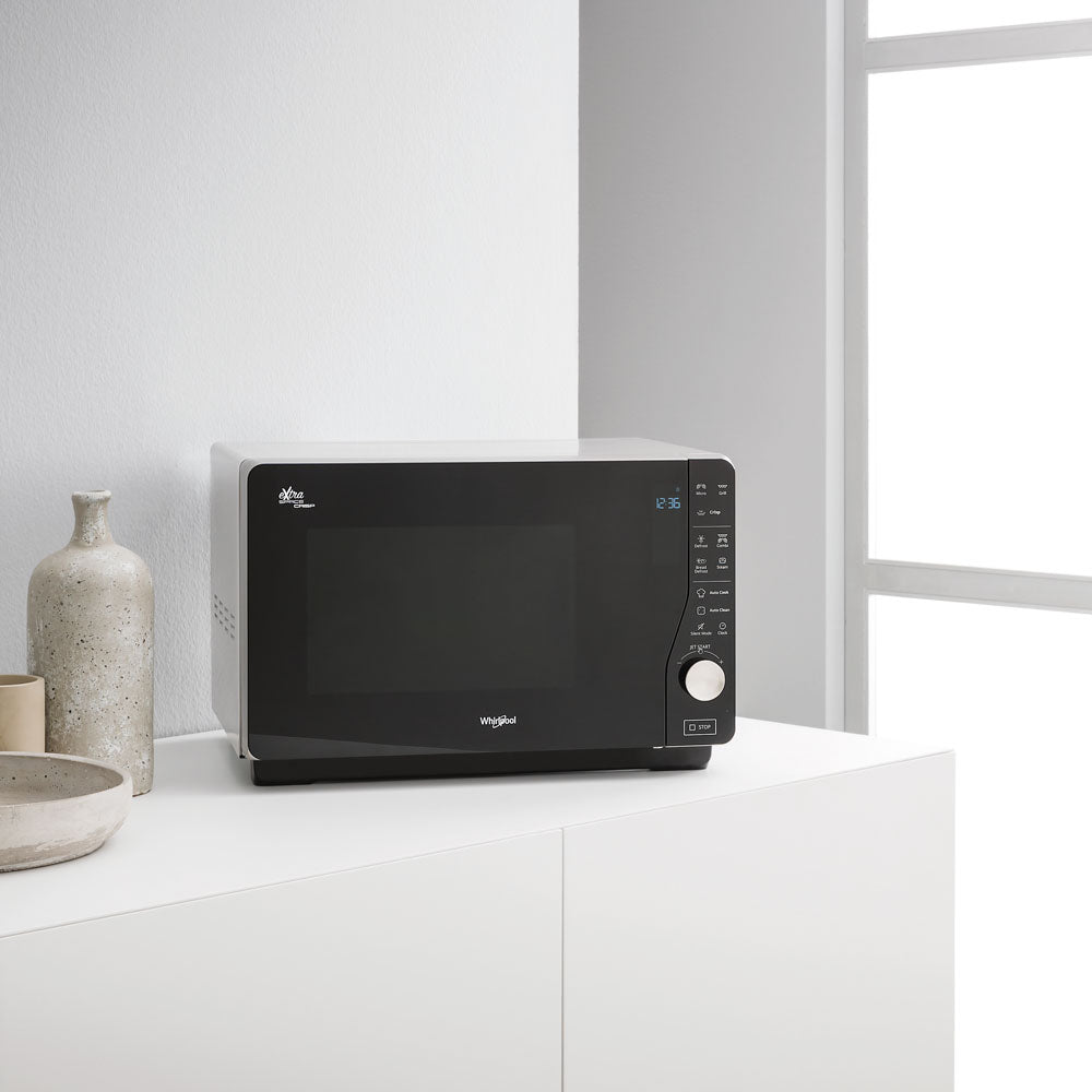 Whirlpool 30L 800W Crisp & Grill Flatbed Microwave with Inverter Technology In Black (MWF427BL)