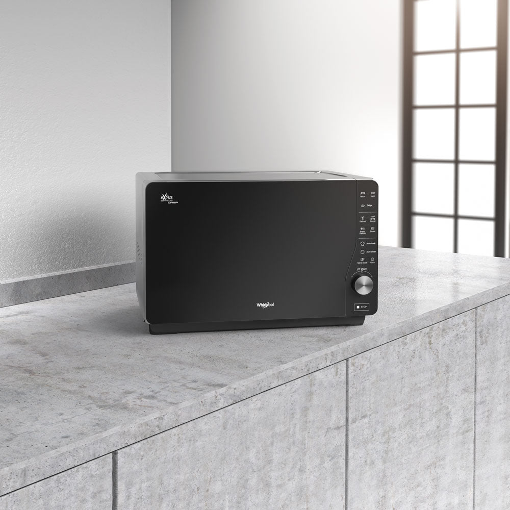 Whirlpool 30L 800W Crisp & Grill Flatbed Microwave with Inverter Technology In Black (MWF427BL)