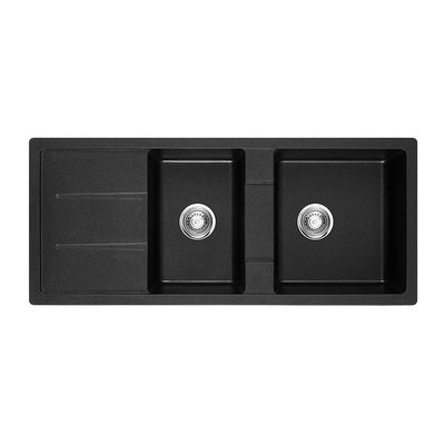 Tisira 116cm 2 Bowl Black Granite Kitchen Sink & Reversible Drainer (TSG1160BK)
