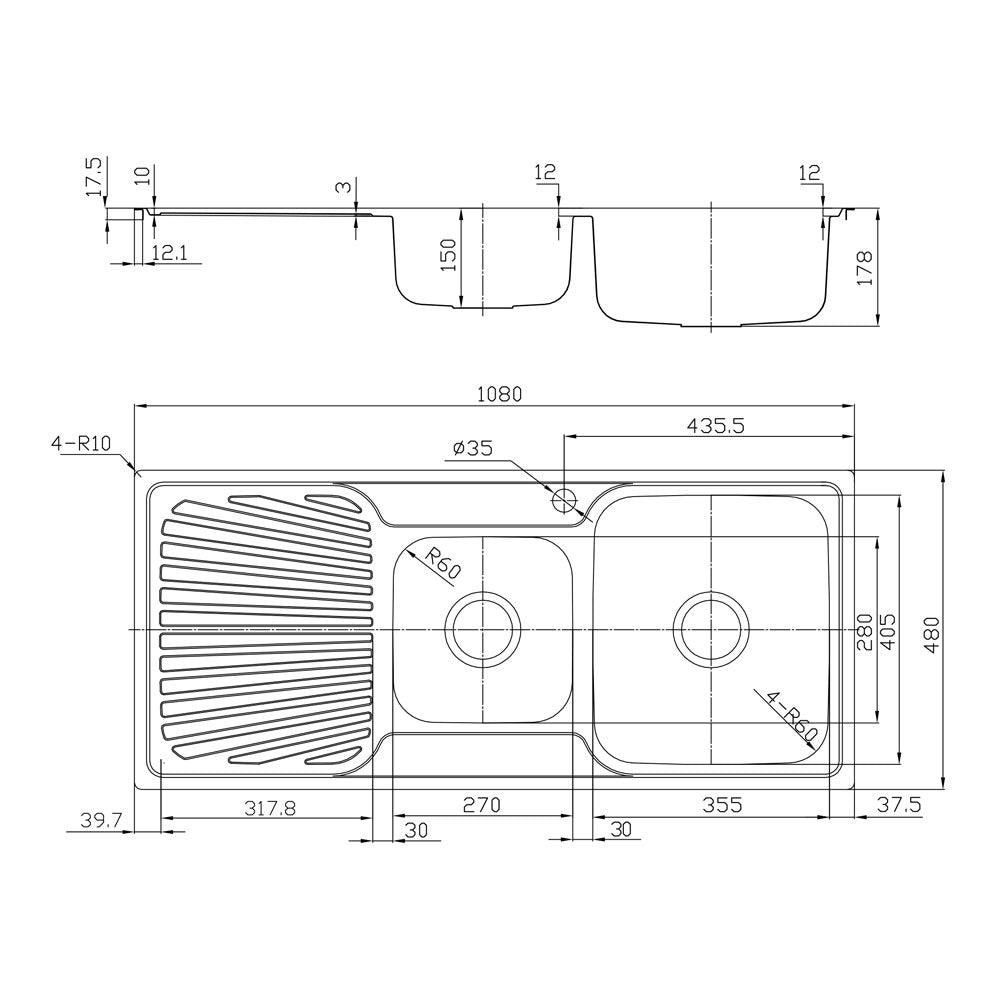 Tisira 108cm 1.5 Bowl Stainless Steel Kitchen Sink With Left Hand Drainer (TSLE1081L)
