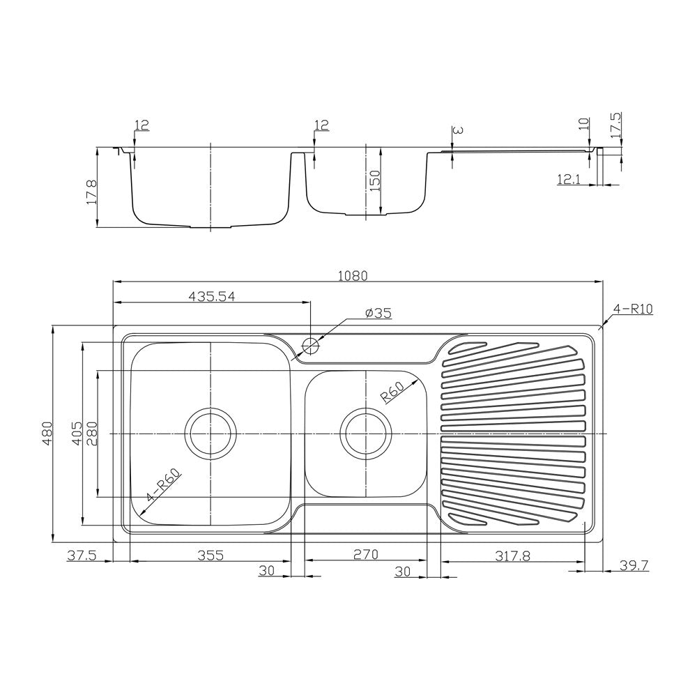 Tisira 108cm 1.5 Bowl Stainless Steel Kitchen Sink With Right Hand Drainer (TSLE1081R)