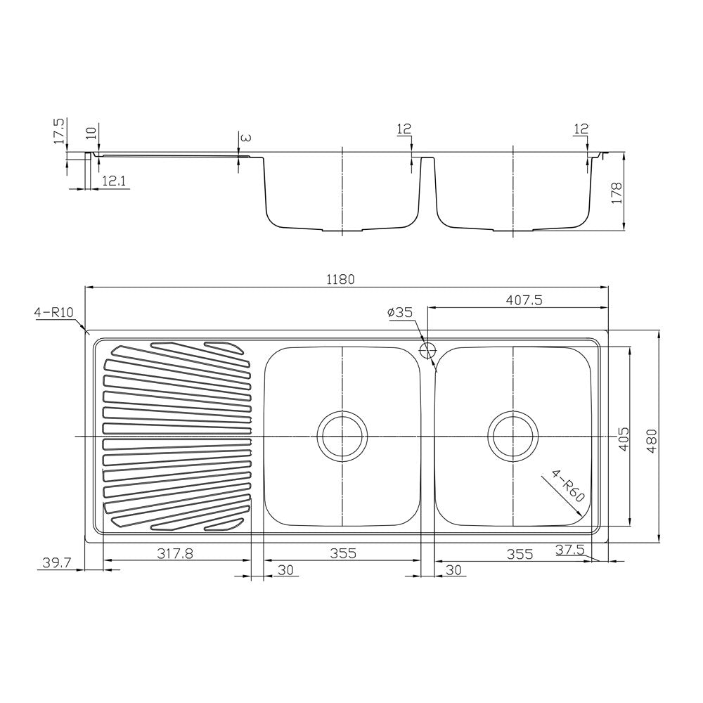 Tisira 118cm 2 Bowl Stainless Steel Kitchen Sink With Left Hand Drainer (TSLE1180L)