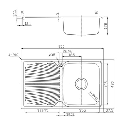 Tisira 80cm Single Bowl Stainless Steel Kitchen Sink With Left Hand Drainer (TSLE800L)