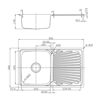 Tisira 80cm Single Bowl Stainless Steel Kitchen Sink With Right Hand Drainer (TSLE800R)