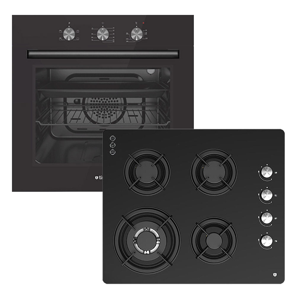 Tisira 60cm Black Built-In Oven & 60cm Black Glass Gas Cooktop Kitchen Bundle
