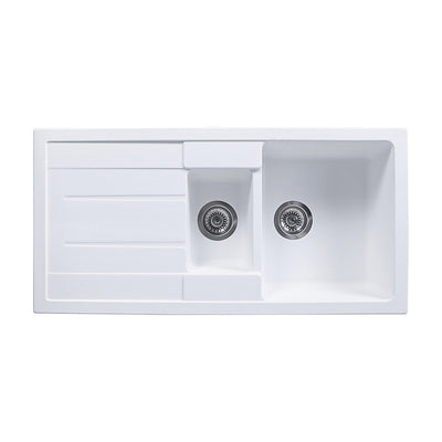 Tisira 100cm 1.5 Bowl White Granite Kitchen Sink & Reversible Drainer (TSG1000WH)