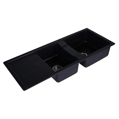 Tisira 116cm 2 Bowl Black Granite Kitchen Sink & Reversible Drainer (TSG1160BK)