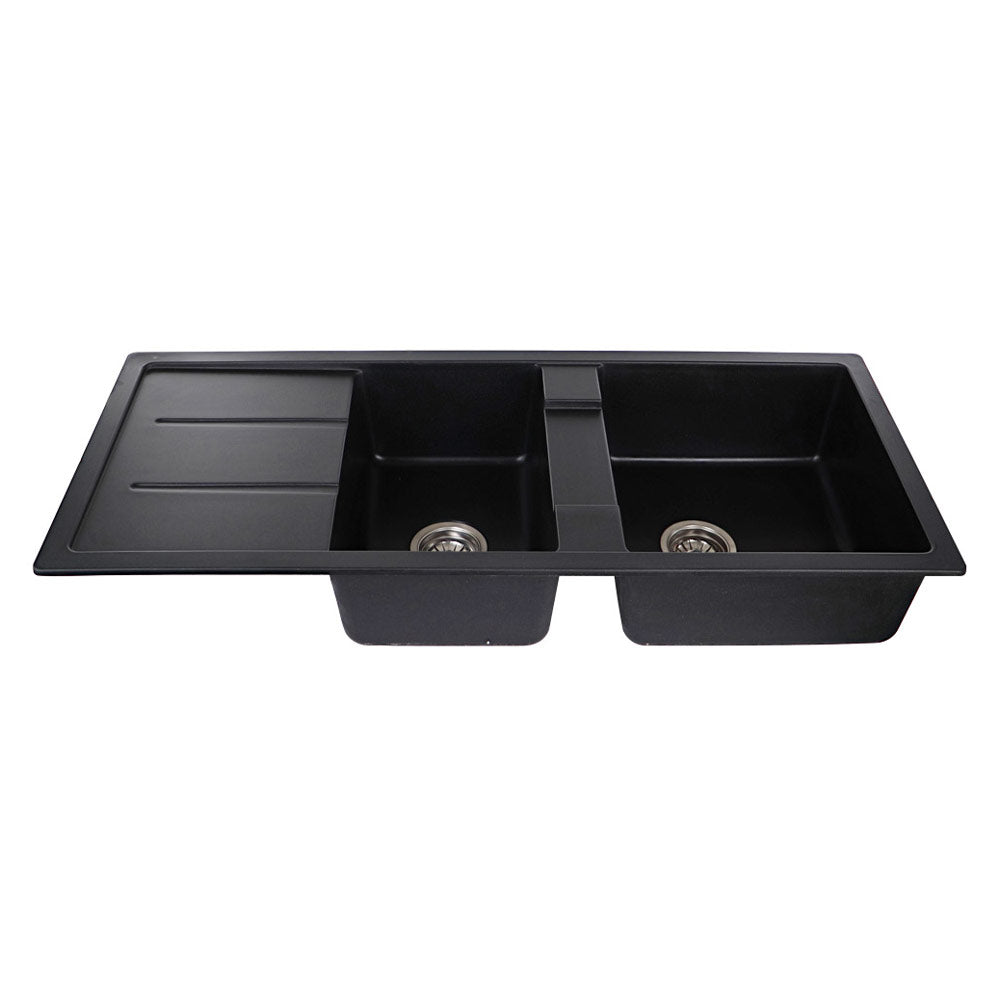Tisira 116cm 2 Bowl Black Granite Kitchen Sink & Reversible Drainer (TSG1160BK)