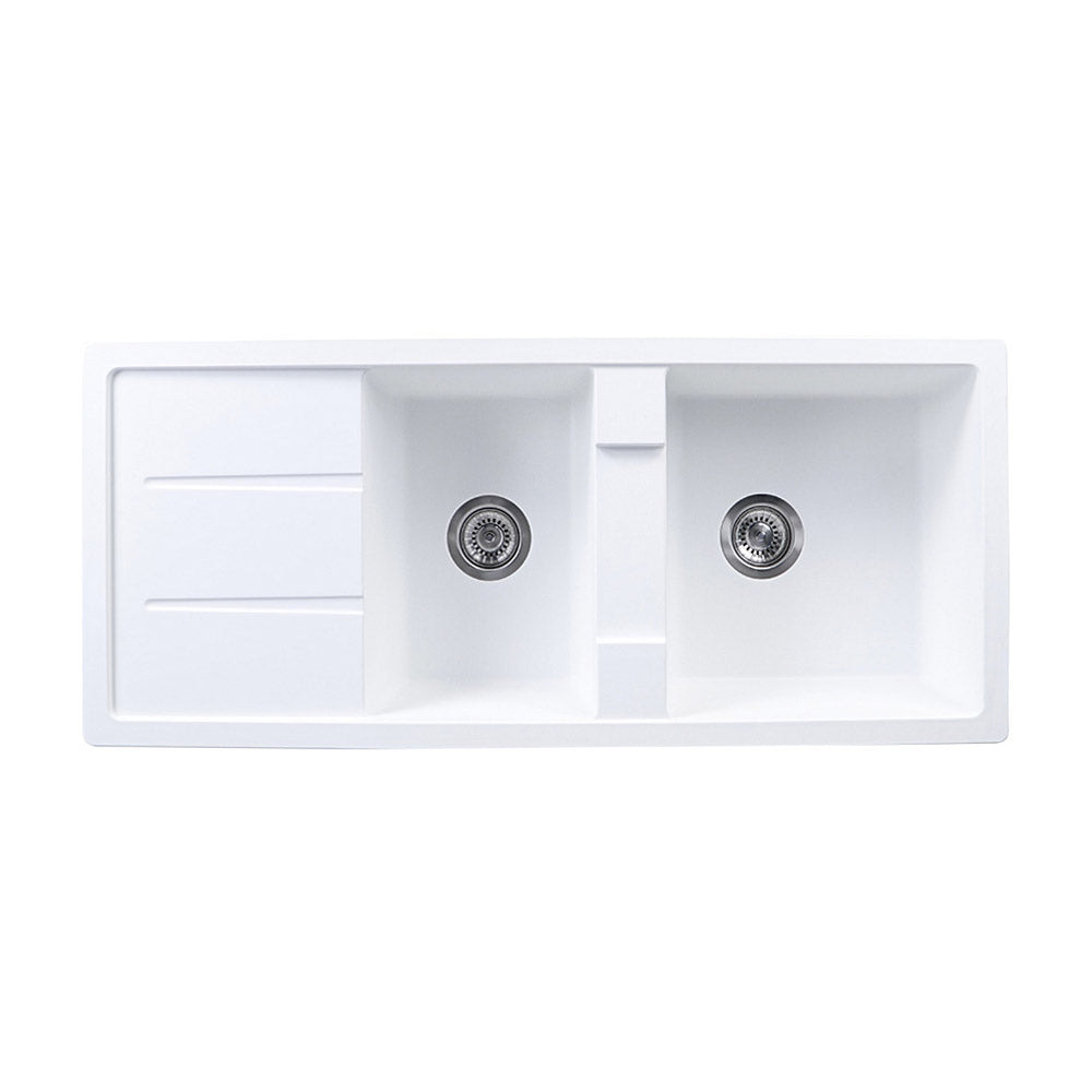 Tisira 116cm 2 Bowl White Granite Kitchen Sink & Reversible Drainer (TSG1160WH)
